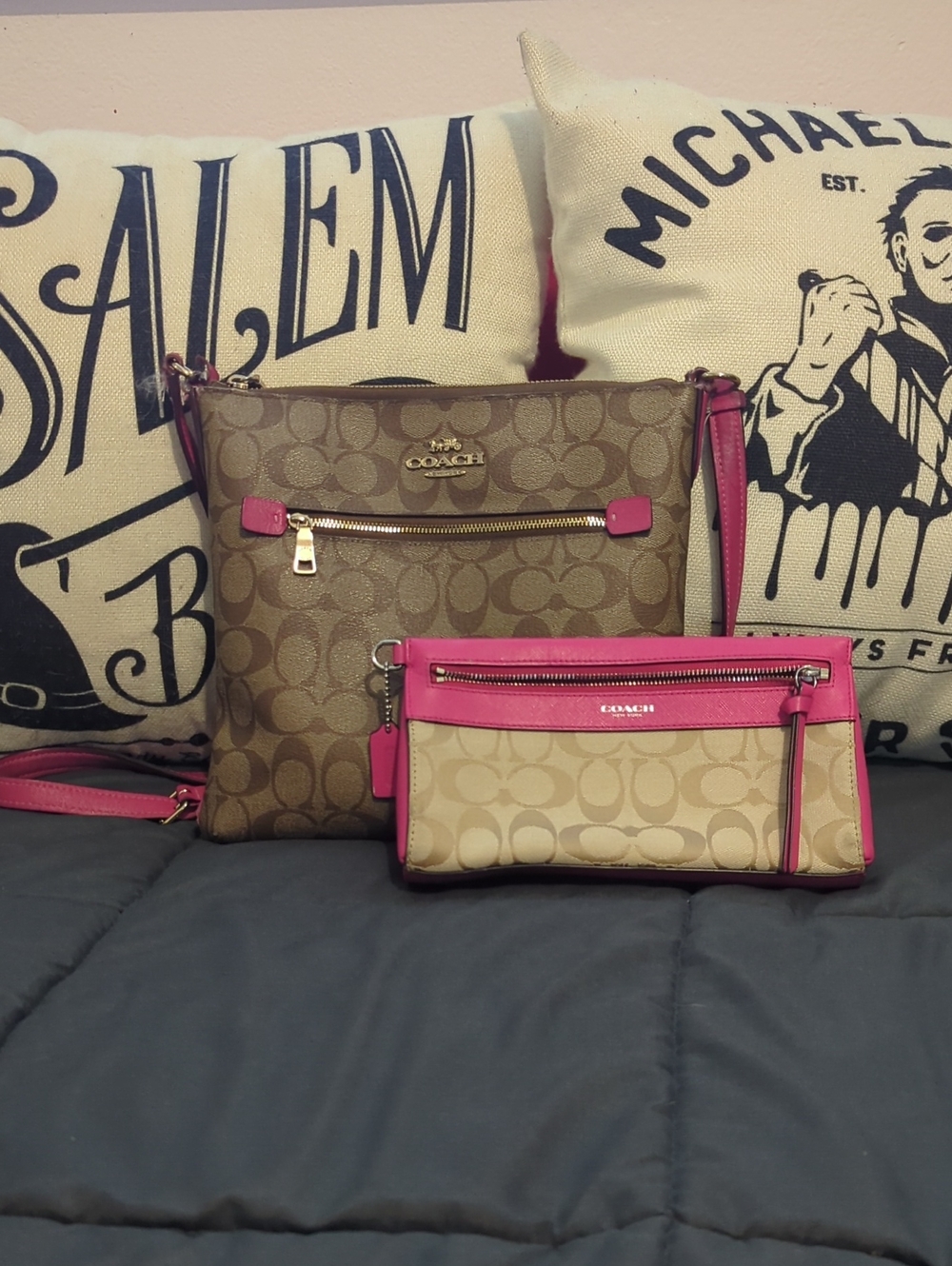 Coach Rowan File Brown Signature Canvas Crossbody Set with Pink Trim